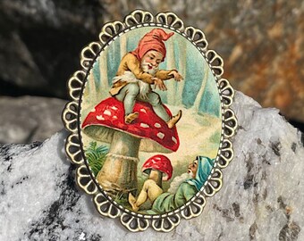 Gnome Mushroom Brooch Pinback Pin Back Garden Gnomes Art Deco Style Bronze Brass