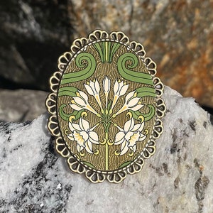 Art Nouveau Flower Brooch Pinback Pin Back Art Deco Style Floral Flowers Bronze Brass