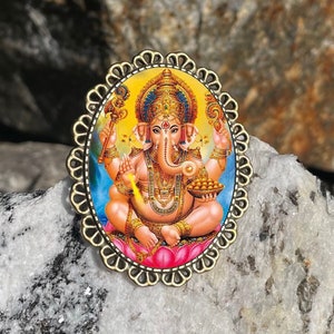 Ganesh Brooch Pinback Pin Back Hindu Elephant Hinduism Art Deco Style Bronze Brass