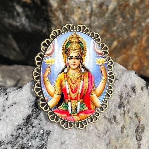 Lakshmi Brooch Pinback Pin Back Hindu Hinduism Meditation Spiritual Art Deco Style Bronze Brass