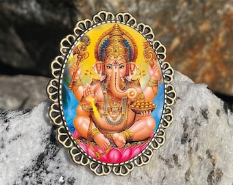 Ganesh Brooch Pinback Pin Back Hindu Elephant Hinduism Art Deco Style Bronze Brass