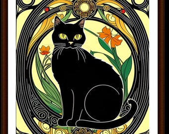 Art Nouveau Black Cat Art Print 8 x 10 Deco Gift for Cat Lovers
