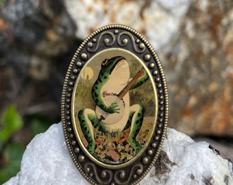 Frog Playing Banjo Ring Antiqued Bronze Adjustable Anthropomorphic Musical