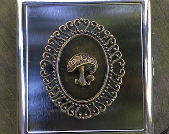 Mushroom Cigarette Case Business Card ID Holder Wallet - Bronze Cameo Filigree Mushrooms