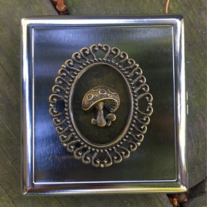 Mushroom Cigarette Case Business Card ID Holder Wallet - Bronze Cameo Filigree Mushrooms