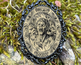 Memento Mori Broche Pinback Pin Back Gótico La Maldita Muerte Macabro Esqueleto Estilo Art Déco Negro Metálico