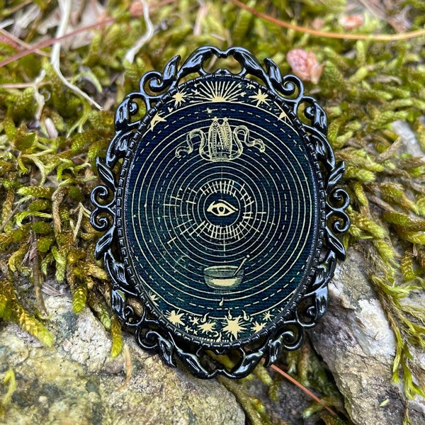 All Seeing Eye Tarot Brooch Pinback Pin Back Goth Gothic Third Eye Mystical Art Deco Style Black Metallic