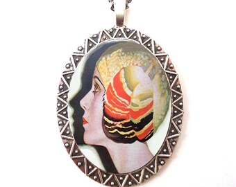Flapper Profile Necklace Pendant Silver Tone - Art Deco 1920's Jazz Age Illustration Roaring 20s