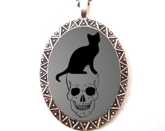 Black Cat on Skull Necklace Pendant Silver Tone - Goth Gothic Dark Art Witch
