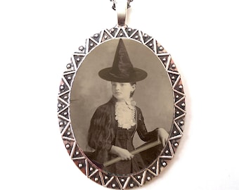 Victorian Witch Necklace Pendant Silver Tone - Vintage Halloween Altered Art Photo Witchcraft