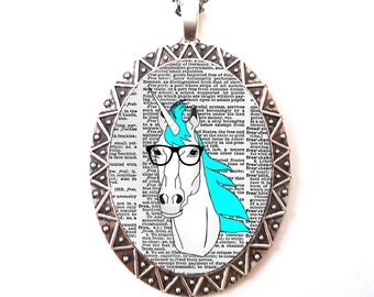 Unicorn Nerd Necklace Pendant Silver Tone - Anthropomorphic Animal Pop Art