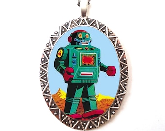Toy Robot Necklace Pendant Silver Tone - Science Fiction Sci Fi Retro 1950s