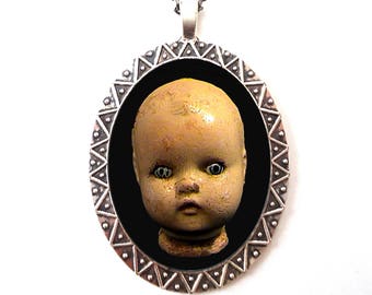 Doll Head Necklace Pendant Silver Tone - Creepy Victorian Antique Goth