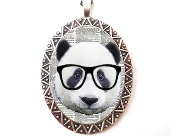 Panda Bear Nerd Necklace Pendant Silver Tone - Pop Art Anthropmorphic Animal Art