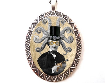 Victorian Steampunk Edgar Allan Poe Necklace Pendant Silver Tone - Altered Art Octopus Pop Surrealism