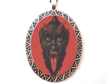 Krampus Necklace Pendant Silver Tone - Devil Christmas Creepy Goth Dark Art