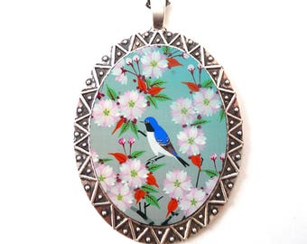 Bluebird Halsketten-Anhänger silberfarben - Blue Bird Kirschblüte Sakura Animal Art