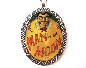 Man in the Moon Necklace Pendant Silver Tone - Children's Storybook Nursery Rhyme Victorian