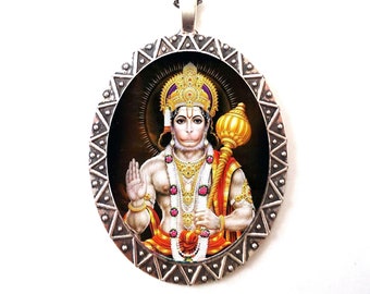 Hanuman Pendant Silver Tone - Hindu Monkey God Hinduism Spiritual Spirituality Necklace
