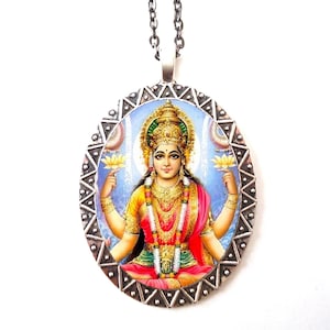 Lakshmi Necklace Pendant Silver Tone - Hindu Hinduism God Spiritual Spirituality