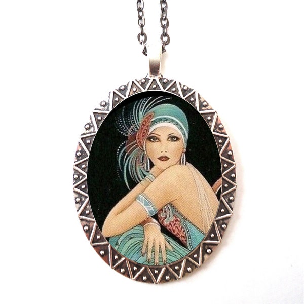 Flapper Showgirl Necklace Pendant Silver Tone - Art Deco 1920's Jazz Age Dancers Follies