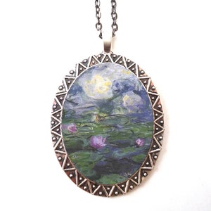 Claude Monet Water Lilies Necklace Pendant Silver Tone - Fine Art Painting