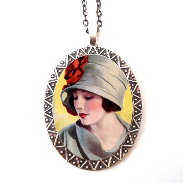 Flapper Girl Necklace Pendant Silver Tone - Art Deco 1920's Jazz Age Illustration Roaring 20s