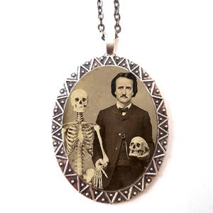 Edgar Allan Poe Necklace Pendant Silver Tone - Skeleton Skull Altered Art Goth Author English Literature Majors Gift the Raven