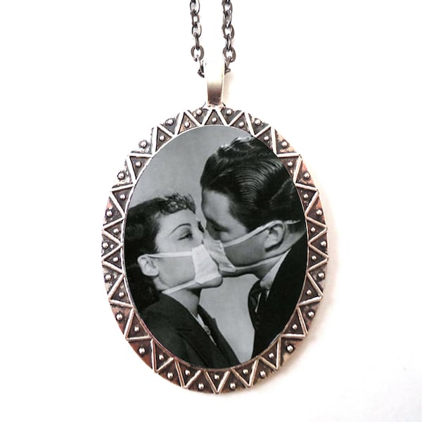 Masked Kiss Necklace Pendant Silver Tone - Retro Kissing 1950's Oddity Weird Romance