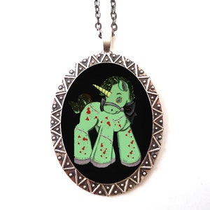 Zombie Unicorn Necklace Pendant Silver Tone - Goth Horror Dark Art Gothic Kawaii Kitsch Quirky