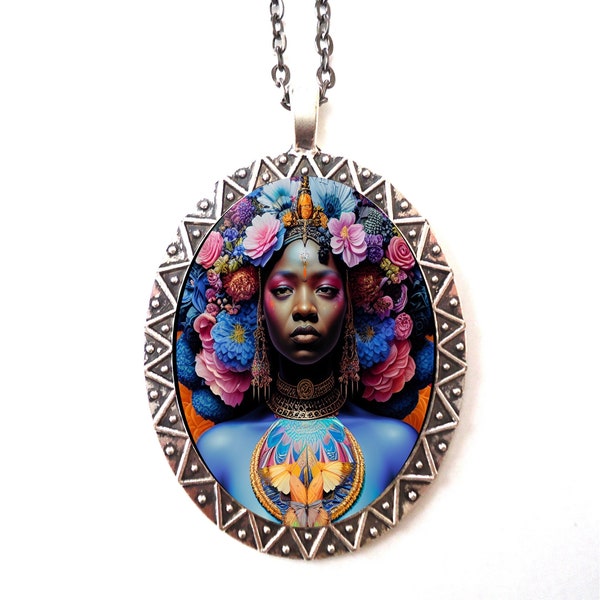 African American Flower Woman Necklace Pendant Silver Tone Goddess Mother Earth Gaia