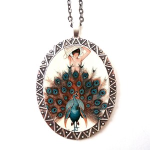 Flapper Peacock Necklace Pendant Silver Tone - Art Deco 1920&#39;s Jazz Age Illustration French