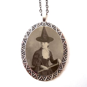 Victorian Witch Necklace Pendant Silver Tone - Vintage Halloween Altered Art Photo Witchcraft