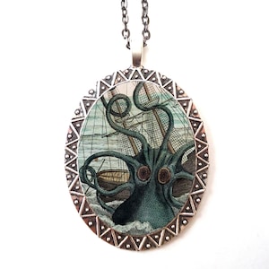 Kraken Octopus Necklace Pendant Silver Tone - Steampunk Sea Monster Victorian