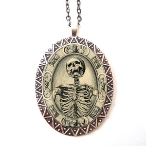 Memento Mori Necklace Pendant Silver Tone - Skeleton Skull Goth Gothic Dark Art