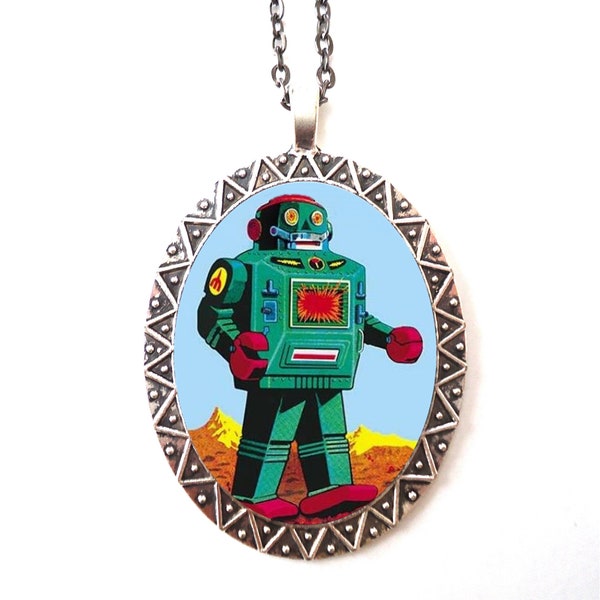 Toy Robot Necklace Pendant Silver Tone - Science Fiction Sci Fi Retro 1950s