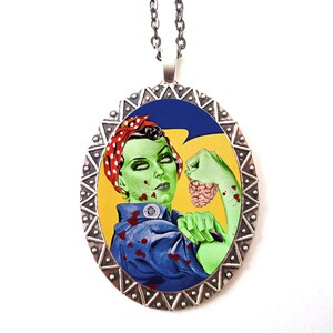 Zombie Rosie the Riveter Necklace Pendant Silver Tone - Goth Horror Dark Art Gothic Feminist Icon Lowbrow Feminism
