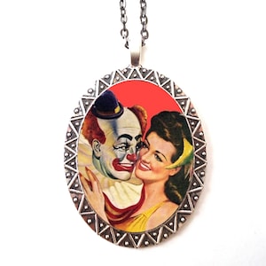 Clown Romance Necklace Pendant Silver Tone - Pulp Romantic 1950s Kitsch Retro