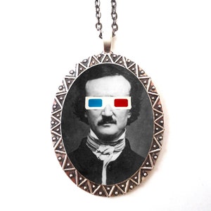 Edgar Allan Poe 3D Glasses Necklace Pendant Silver Tone - Pop Surrealism Goth Author Literature Altered Art