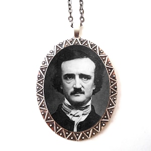 Edgar Allan Poe Portrait Necklace Pendant Silver Tone - Goth Author Literature Literary Gift for English Majors