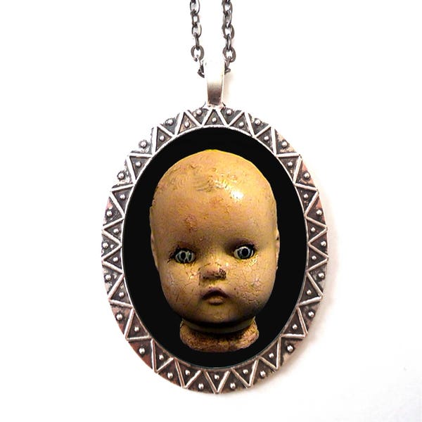 Doll Head Necklace Pendant Silver Tone - Creepy Victorian Antique Goth