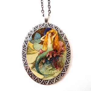 Mermaid Necklace Pendant Silver Tone - Siren Illustration Beach Nautical Edwardian