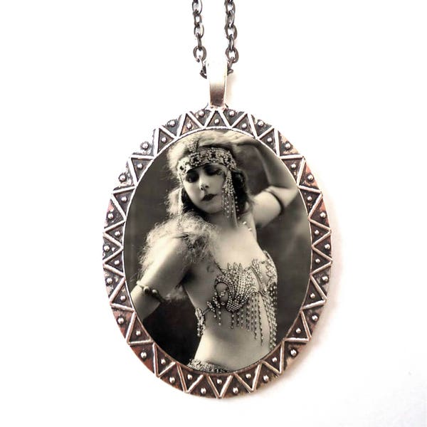 Belly Dancer Flapper Necklace Pendant Silver Tone - Cleopatra Egyptian Revival Dancing Art Deco 1920s Middle Eastern