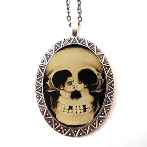 Skull Optical Illusion Necklace Pendant Silver Tone - Metamorphic Goth Gothic Victorian Dark Art Romance