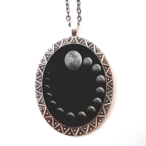 Moon Phases Necklace Pendant Silver Tone - Lunar Cycles Full Moon Celestial