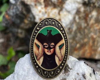 Woman Wearing Bat Costume Antiqued Bronze Adjustable Ring Halloween Goth Brass