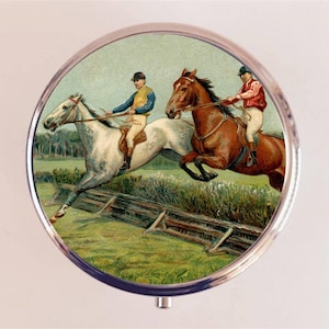 Horse Racing Pill Box Case Pillbox Holder Trinket Jockey Horses