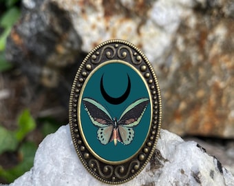Luna Moth Ring Antiqued Bronze Adjustable Crescent Moon Witchy