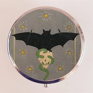 Bat Skull Snake Pill Box Case Pillbox Holder Trinket Goth Macabre Art from Antique Book Cover
