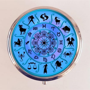 Antique Zodiac Pill Box Case Pillbox Holder Trinket Astrology Astrological Occult Blue